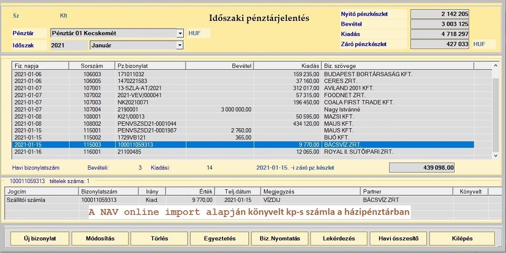 Könyvelő program - NAV online számla import alapján könyvelt kp-s számla